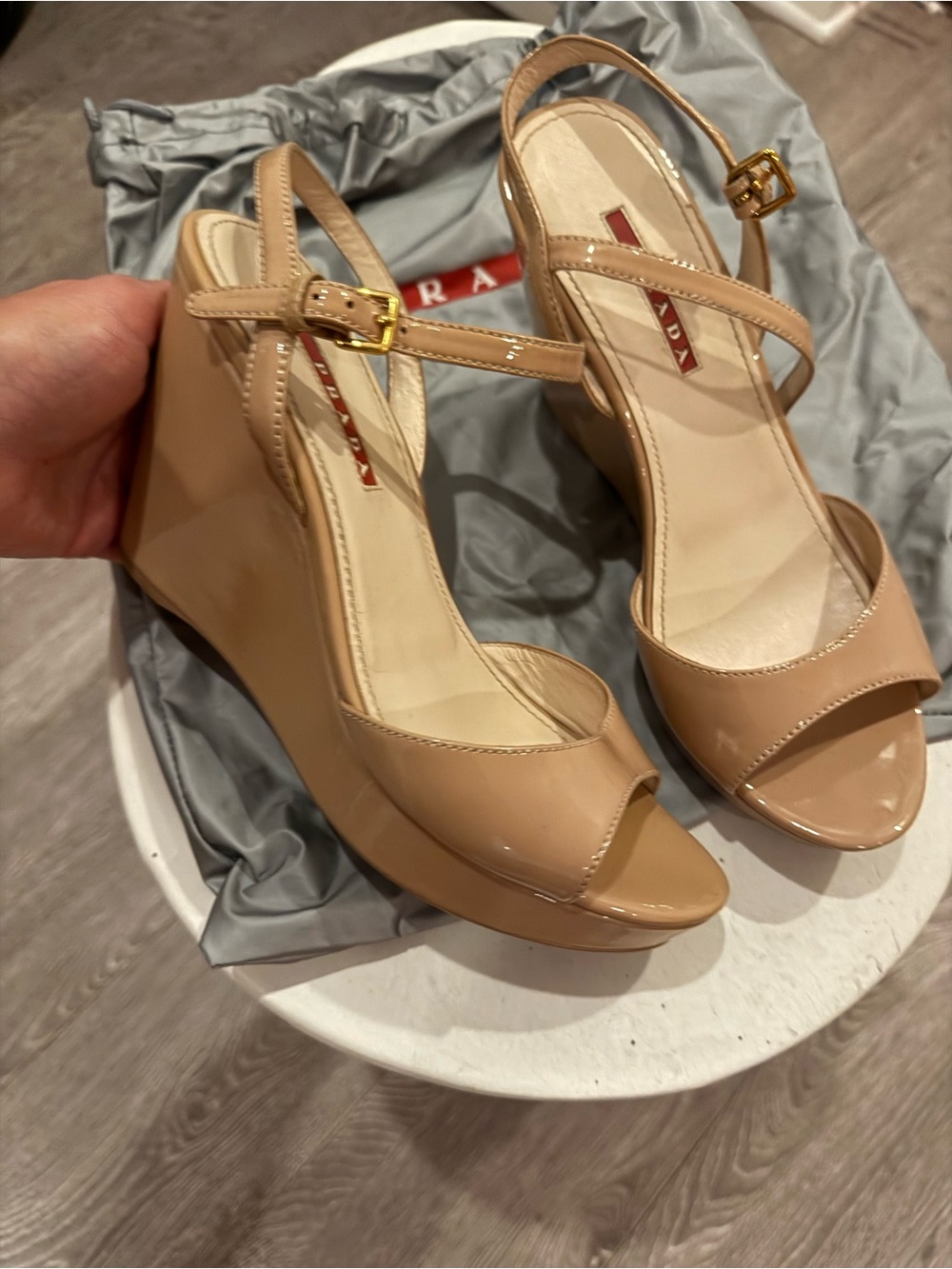 Prada - like new - Nude Patent Leather Wedge Sandals with Ankle Strap size 38